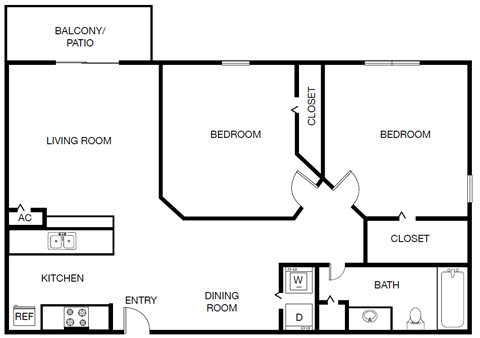 Floor plan for 2 beds, 1 bath, 856 sqft